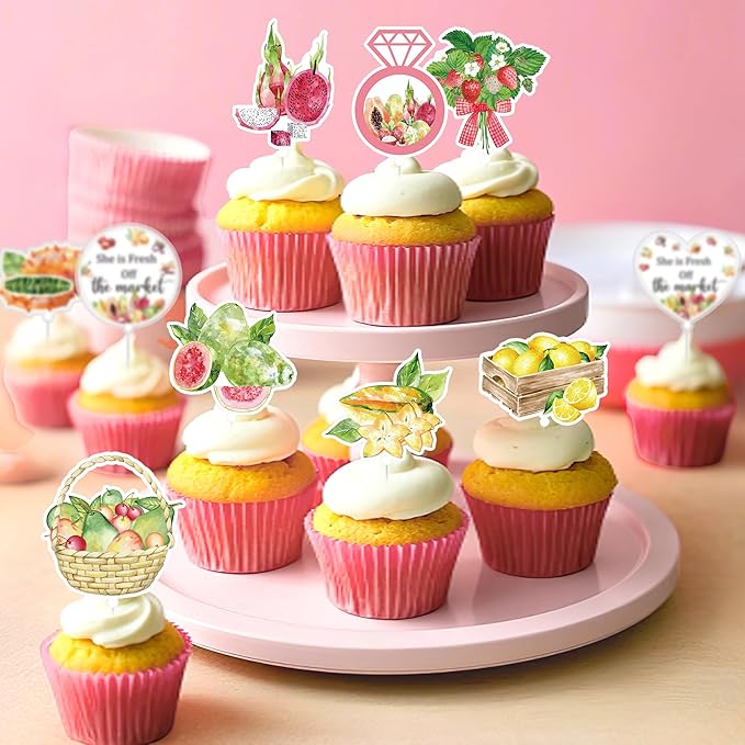 24Pcs Farmer Market Bridal Shower Cupcake Toppers, She is Fresh Off The Market Cupcake Decorations, Fruit Bridal Shower Party Supplies, Bachelorette Decor