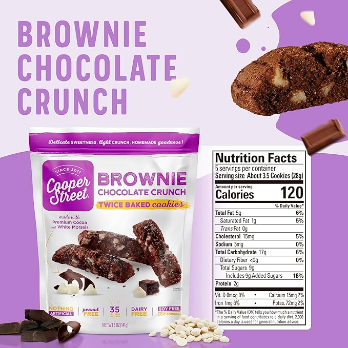 Cooper Street Italian Biscotti Cookies - Twice Baked Biscotti Style Cookie Biscuits in Delicious Brownie Chocolate Crunch | Crispy, Light and Healthy Cookies | Peanut & Dairy Free | 1.25oz - 24 Pack