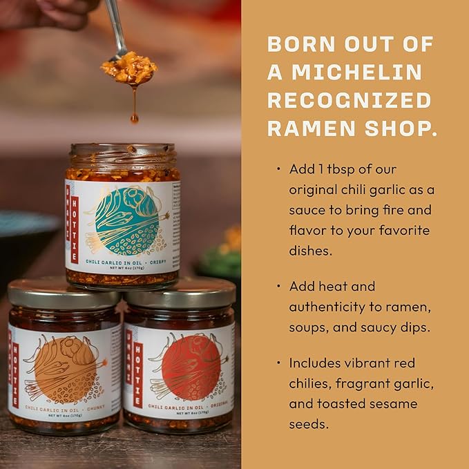 Umami Hottie Trio - Japanese Chili Oil Combo Pack | Chunky, Crispy & Original Flavors | Vegan, Gluten-Free, Hot Chilli Oil for Noodles, Ramen, Dumplings & More | Flavor Bomb 3-Pack (6 oz Each)