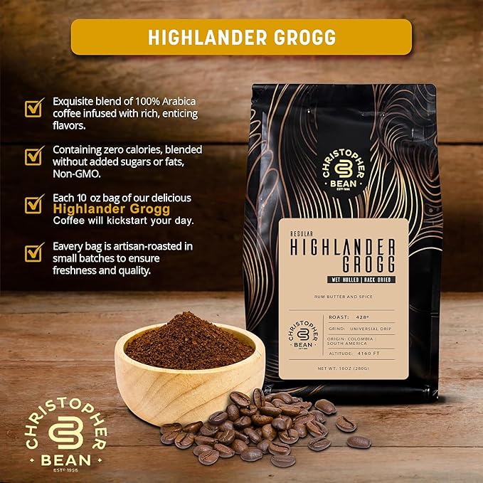 Christopher Bean Coffee - Certified Kosher - Regular Ground Universal Drip Highlander Grogg Flavored Coffee with Medium Roast | Highlander Grogg Coffee No Sugar with 100% Arabica, No Fats, Non-GMO | 10-Ounce
