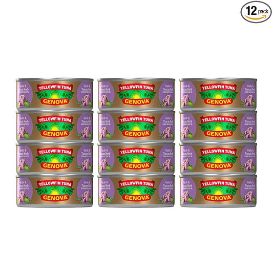 Genova Premium Yellowfin Tuna in Garlic and Tuscan Herb Infused Olive Oil, 5 Ounce Can (Pack of 12), Wild Caught, Solid Light