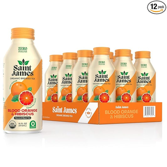 Saint James Iced Tea - Organic Black Tea - Non-GMO, Gluten Free, Zero Calorie, Zero Sugar - Blood Orange, 12 Pack (16 fl oz each)