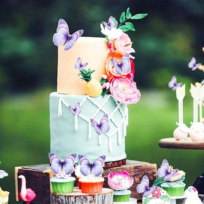 30pcs Bule Purple Mixed Size Lively 3D Waterproof Butterfly Cupcake Topper for Girls Women's Happy Birthday Wedding Party Cake Wall Party Food Decorations