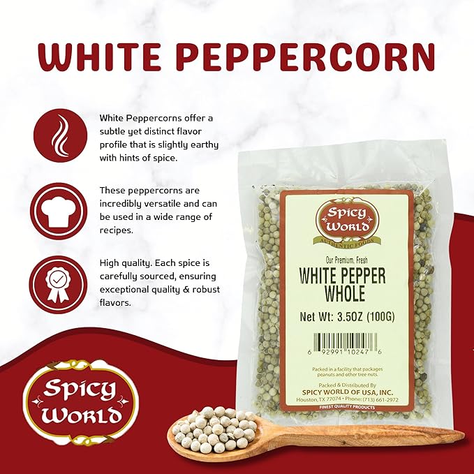 Spicy World Whole White Pepper 3.5 Ounce | 100% Natural & Pure | White Peppercorns | Peppercorn for Grinder Refill | Premium Quality White Peppercorns Whole