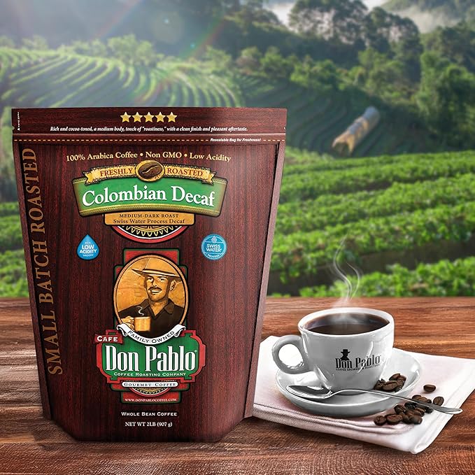 Don Pablo Colombian Decaf - Swiss Water Process Decaffeinated - Medium-Dark Roast Gourmet Coffee - 100% Arabica Whole Bean, Non-GMO, Low Acidity, 907g (2LB) Bag