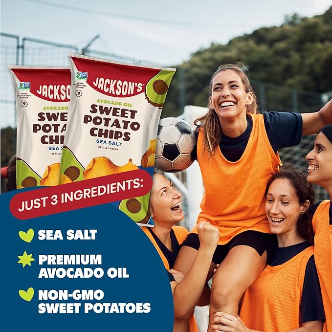 Jackson???Sweet Potato Kettle Chips with Sea Salt made with Premium Avocado Oil (7 Ounce, Pack of 6) - Allergen-friendly, Gluten Free, Peanut Free, Vegan, Paleo Friendly - Shark Tank Product