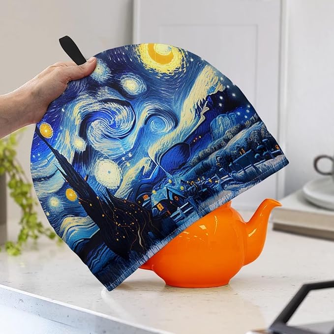 Oil Painting Starry Night Tea Cozy for Teapot Dome Teapot Cover Customized Teapot Covers with Handle Dust Cover Kitchen Kettle Dust Cover Can Hung and Folded (Blue)