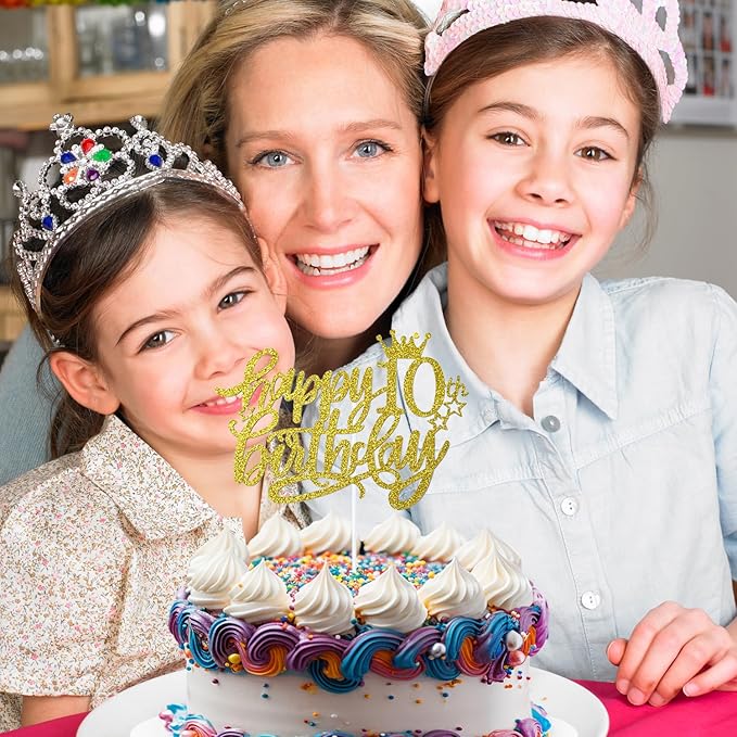 10th Happy Birthday Cake Topper, Glitter Happy 10th Birthday Cake Topper for Birthday Party Cake Decoration(Gold)