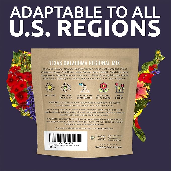 Texas Oklahoma Wildflower Seeds Mixture - Bulk 1 Ounce Packet - Over 15,000 Native Seeds - Open Pollinated and Non GMO