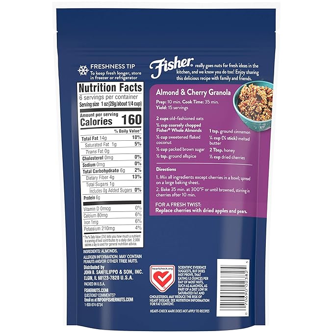Fisher Chef’s Naturals Whole Almonds, 6 oz Resealable Bag, Unsalted Raw Nuts for Baking & Cooking, Healthy Snacks for Adults, Vegan Protein, Keto Snack, Gluten Free