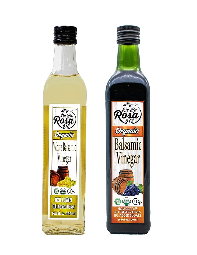 De La Rosa Organic Balsamic & White Balsamic Vinegar, Kosher for Passover, Vegan, Non-GMO & Gluten Free, Great for Salad Dressings, Marinades & More 16.9 Oz (Pack of 2)