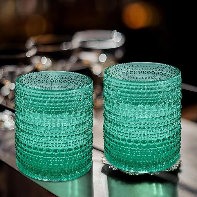 Set of 4 Vintage 12 oz Crystal Glasses, Old Fashioned Glass Cups for Water, Juice, Coffee, and Beer (Aqua Blue)