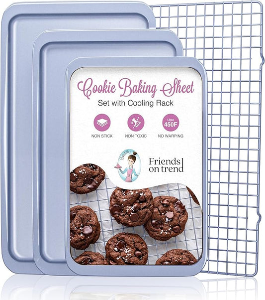 3 Cookie Sheets for Baking + Cooling Rack, Non Stick Baking Sheet Set with Cookie Cooling Rack - Half/Quarter/Jelly Roll Pan with Wire Rack, Sheet Pan Set of 3, Non Toxic Baking Sheets for Oven.