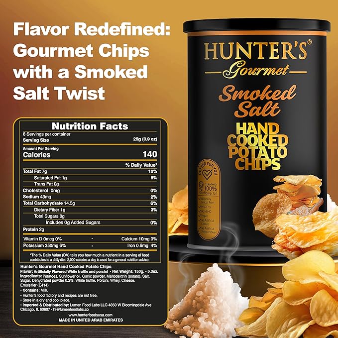 Hunter's Gourmet Premium Cholesterol Free Chips | Naturally Gluten-Free | No Artificial Colors or Preservatives | Made in a Nut-Free Facility | Smoked Salt | Hand-Cooked Snacks | Pack of 4 | 150g