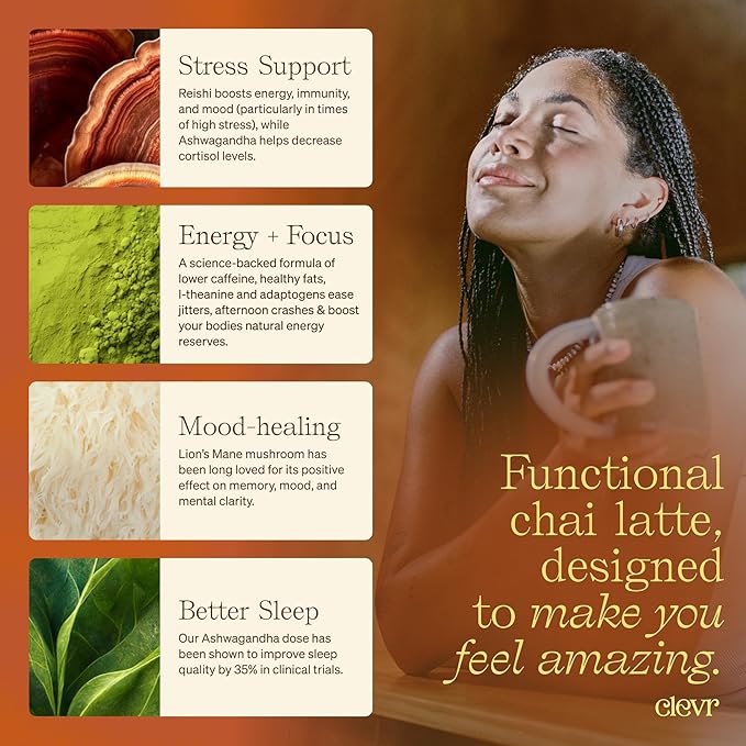 Clevr Blends Chai Tea Latte, Instant Superfood Powder Blend with Oat Milk, Lion???Mane, Reishi Mushroom, Black Tea, Organic Spices, Coconut Cream, Ashwagandha, Oprah???Favorite Things 2022 (14 Lattes)