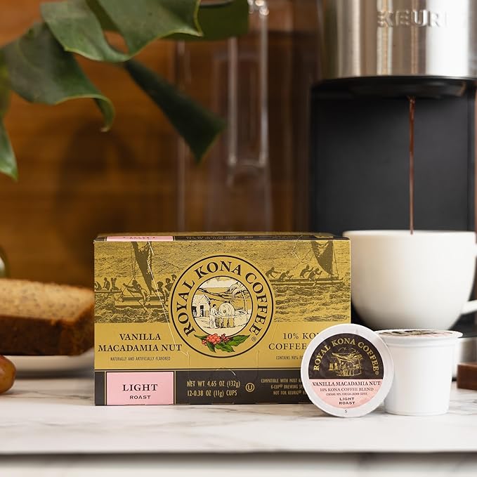 Royal Kona Vanilla Macadamia Flavored, 10% Kona Coffee Blend, Light-Roast Single-Serve Coffee Pods, Compatible with Keurig® Brewers, A Taste of Aloha - (12 Count Box)