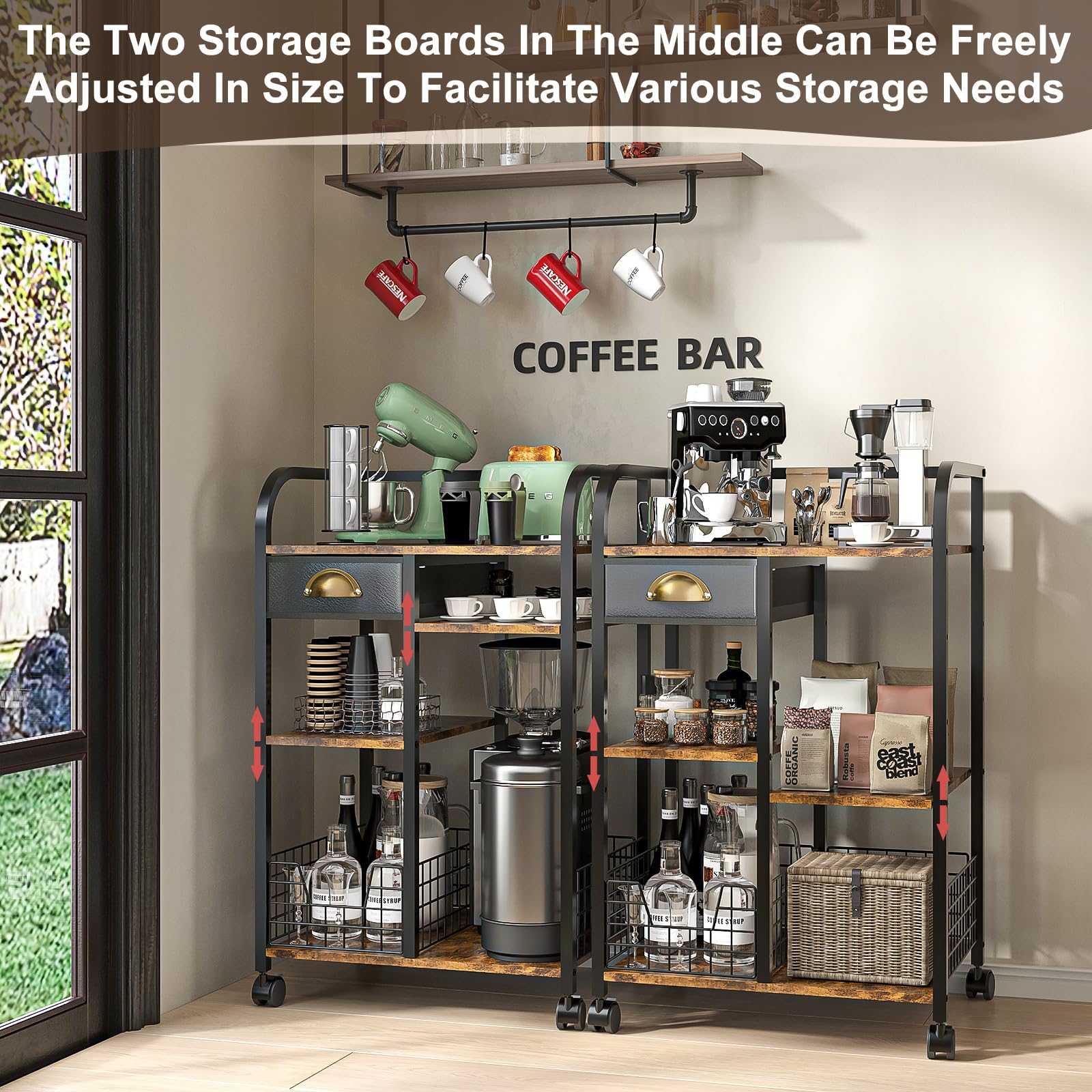keomaisyto Coffee Cart with Storage Drawer, Coffee Bar Cabinet with Wheels, 4-Tier Adjustable