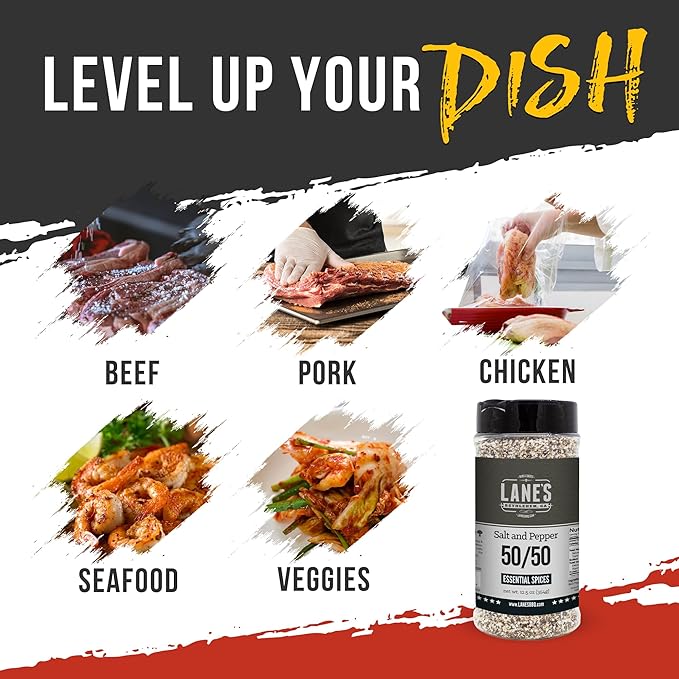 Lane's BBQ Salt and Pepper 50/50 | Coarse Salt and 16 Mesh Black Pepper | Bulk Spices | Gluten-Free | 12.5oz Bottle