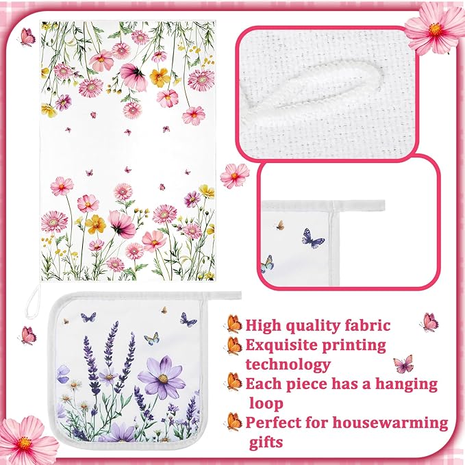 Bencailor 8 Pcs Kitchen Towel Pot Holders and Oven Mitts Set Kitchen Decoration 4 Dish Towels 2 Retro Oven Mitts 2 Potholders for Housewarming Gift Cooking Baking Grilling(Flower,Multicolor)