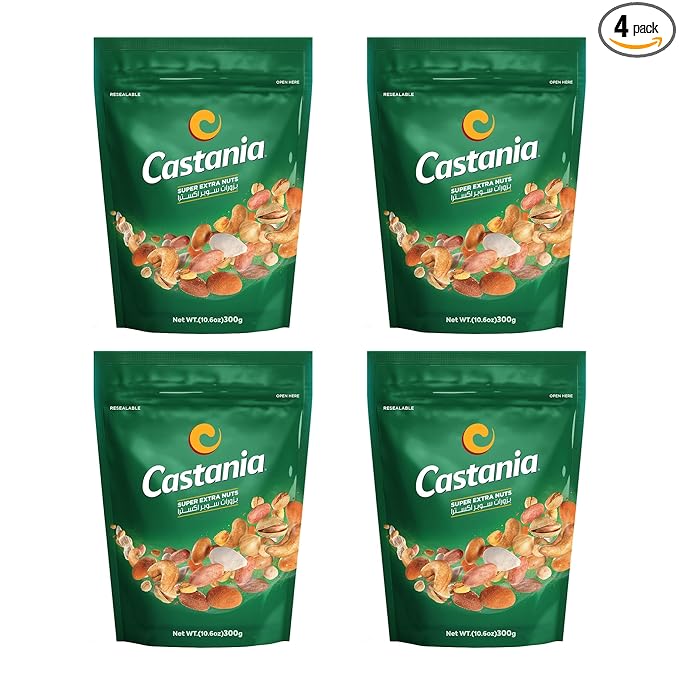 Castania BBQ Lebanese Mixed Nuts, Super Extra Mix with Pistachios, Almonds, Cashews, Hazelnuts, Peanuts, Pumpkin Seeds, Corn, and Chickpeas, 10.6oz (Pack of 4)