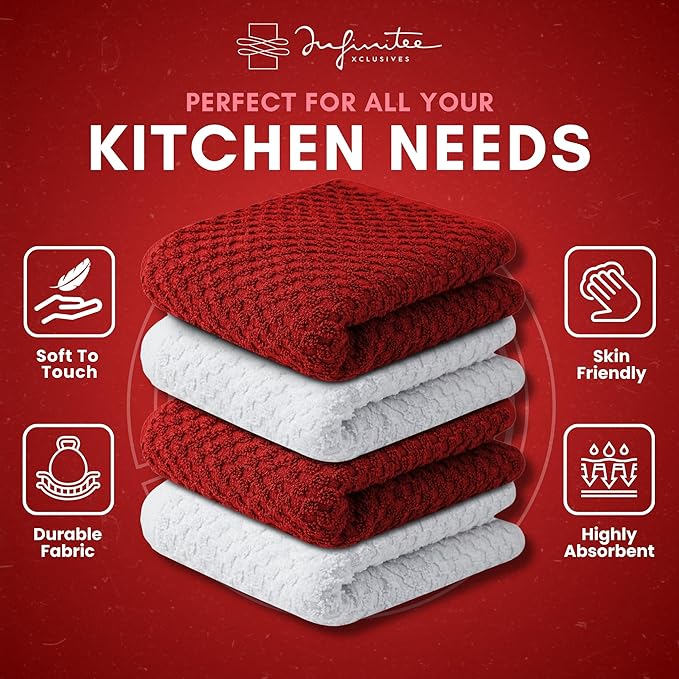 Infinitee Xclusives Premium Dish Cloth 100% Cotton 12 x 12 Inches |Pack of 4| - Ultra Soft Tea Towels - Highly Absorbent Kitchen Rags - Terry Dishcloth for Kitchen and Household Cleaning |Red|