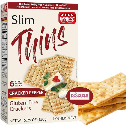 DOUzzle Gluten Free Flatbread Crackers, Slim Thins Pepper Flavor (6 Stay Fresh Packs - Pack of 1) Non Gebrokts Kosher for Passover Snack Food - Non GMO, Nut Free, Dairy Free, Egg Free