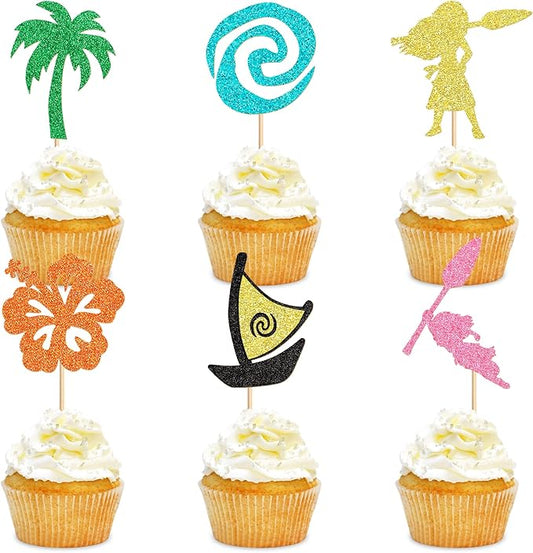 24Pcs Mo Inspired Birthday Cupcake Toppers Glitter Palm Leaf Flower Moana Cupcake Pick Decorations for Tropical Hawaiian Luau Theme Baby Shower Birthday Party Supplies