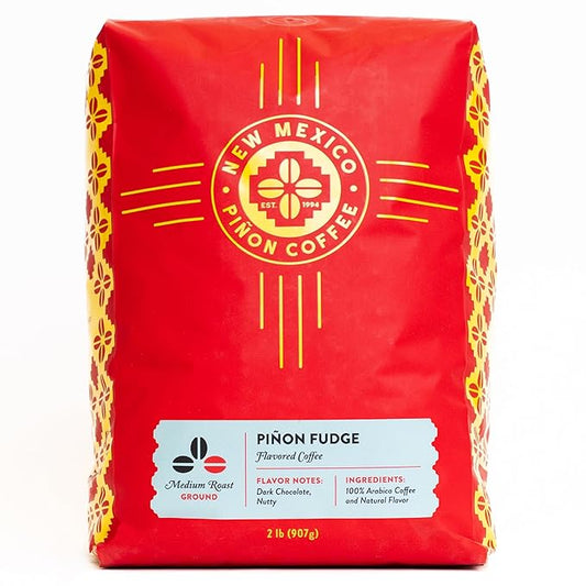 New Mexico Pi챰on Pi챰on Fudge Ground Coffee Medium Roast 100% Brazilian Arabica, Naturally Flavored Rich Chocolate & Nutty Scoop & Brew Grounds - 2 Lb Bag