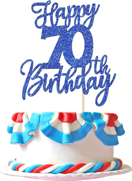 1 PCS Happy 70th Birthday Cake Topper Glitter Cheers to 70 Years Birthday Cake Pick Seventy Hello 70 Fabulous Cake Decoration for Happy 70th Birthday Anniversary Party Decorations Supplies Blue