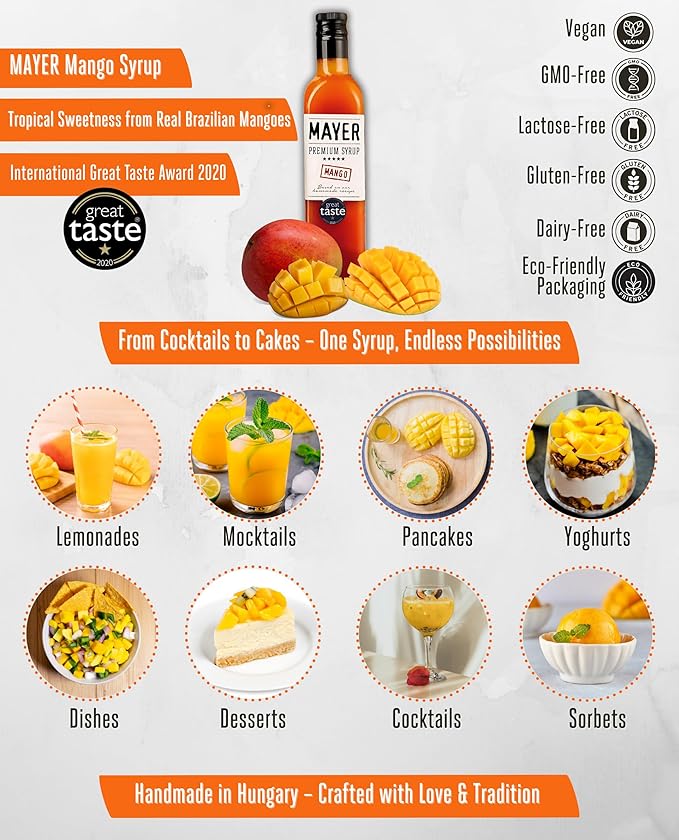 Mayer Premium Artisan Mango Syrups ??Award-Winning, Only Real Mangoes and 3 Natural Ingredients, Vegan, Gluten Free, Dairy Free, Versatile for Beverages & Desserts ??No Artificial Additives, Rich Authentic Flavor ( 16.9 Fl oz. / 500 ml, 6 Pack Mango )