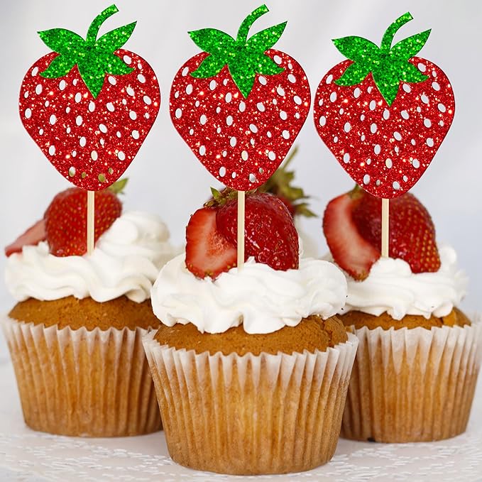 24 Pack Strawberry Cupcake Toppers Glitter Birthday Strawberry Cupcake Picks for Fruit Baby Shower Kids Birthday Summer Berry Cupcake Decorations Party Supplies Red