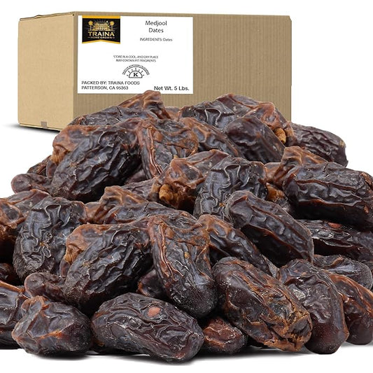 Traina Home Grown California Sun Dried California Medjool Dates - Healthy, No Added Sugar, Non GMO, Gluten Free, Kosher Certified, Vegan, Value Size (5 lbs)