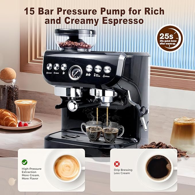 MIROX Espresso Machine 15 Bar, Coffee Maker With Milk Frother Steam Wand, Built-In Bean Grinder, Combo Cappuccino Machine with 70oz Removable Water Tank (ABS high-strength plastic shell)