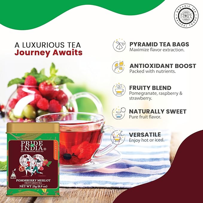 Pride of India | PommBerry Merlot Fruity Green Tea | 15 Pyramid Full Leaf Individually Wrapped Tea Bags | Tangy & Fruity Flavor | Vibrant & Uplifting Experience | Caffeine Free, Non-Bioengineered