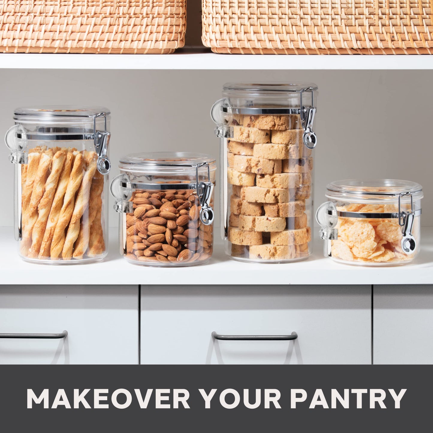 Oggi 4pc Clear Canister Set with Clamp Lids & Spoons - Airtight Food Storage Containers, Ideal for
