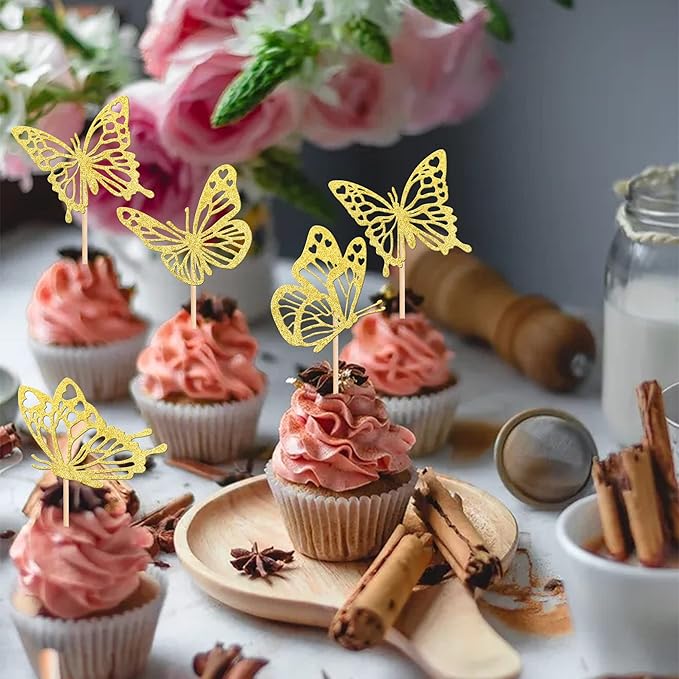 Rsstarxi 24 Pack Butterfly Cupcake Toppers Gold Glitter Assembled Butterfly Baby Shower Cupcake Picks for Wedding Engagement Bridal Shower Kids Birthday Party Cake Decorations Supplies