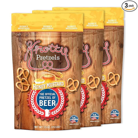 Knotty Pretzels - "The Official Pretzel of Beer" 7.5 Ounce Individual Seasoned Pretzel in Resealable Snack Bags - Honey Mustard (3 Pack)