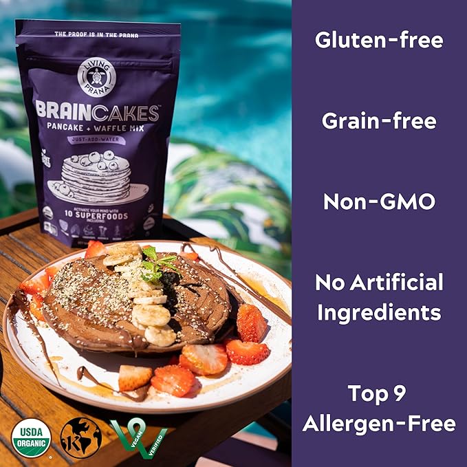 BrainCakes Superfood Organic Pancake & Waffle Mix Gluten Free | Memory, Focus & Stress Support | Just-Add-Water | By LIVING PRANA | 12oz