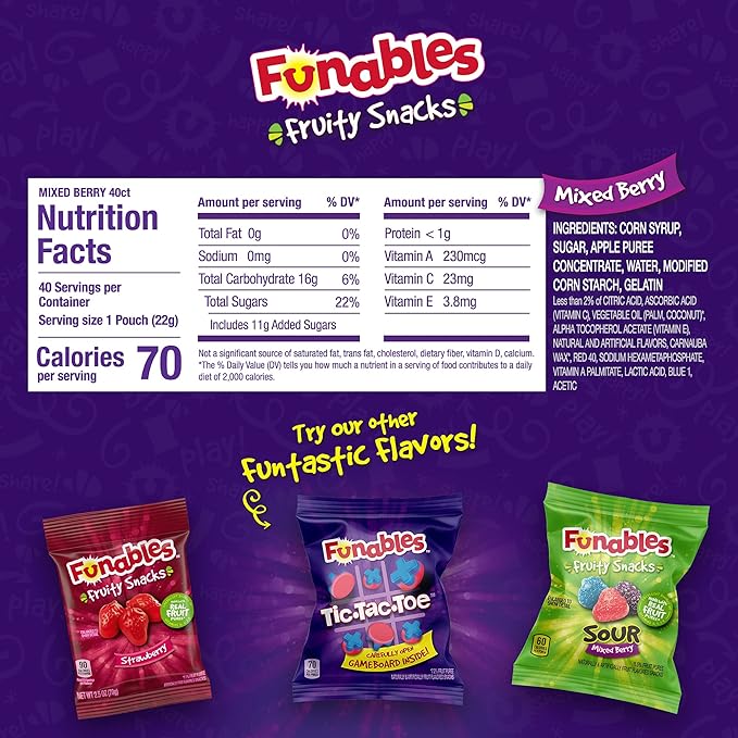 Funables Fruit Snacks, Mixed Berry Fruit Flavored Snacks, 0.8 ounce Pouches (Pack of 80)