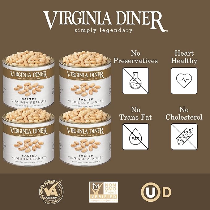 Virginia Diner Gourmet Extra Large Virginia Peanuts Blister Roasted Nuts All Natural Healthy Snack Gift 36oz (4 Pack) Salted