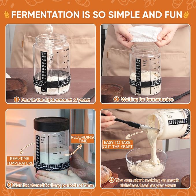 77L 2 Pack Sourdough Starter Jar, 35 oz Sourdough Starter Kit with Date Marker Feeding Band, Thermometer, Food-Grade Scraper, Cloth Cover and Acacia Wood Lid, Sourdough Bread Baking Supplies