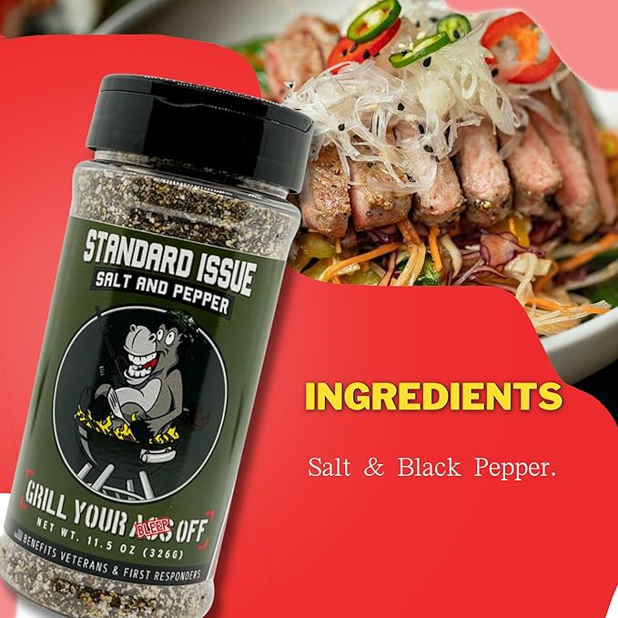 Standard Issue Salt & Pepper by Grill Your As Off - Premium Gourmet Black Pepper & Salt Great for Meat, Poultry, Seafood, Pasta, & Veggies - Use for Marinating - Veteran Owned - 11.5 Oz
