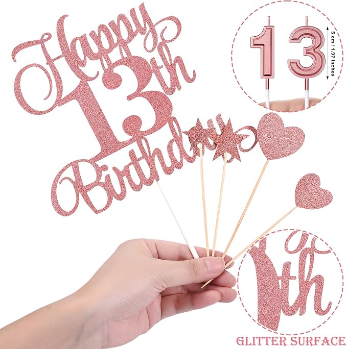 13th Birthday Cake Decorations Set Include Digital Candles 1&3 Numeral 13 Cake Candles and Happy 13th Birthday Cake Toppers with Heart Star Cupcake Picks for Birthday Party Supplies (Rose Gold Series)