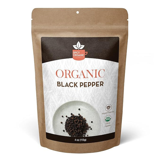 SPICY ORGANIC Black Peppercorns ??4 oz - Whole, Fresh, and Spicy Black Pepper for Grinder Refill, Premium Ceylon Quality, USDA Certified Organic, Gluten-Free, and Kosher