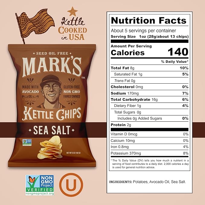 MARK???Kettle Cooked Avocado Oil Potato Chips, Sea Salt ??Seed Oil & GMO Free | Sea Salt, 5 oz (Pack of 3) | Gluten Free, Non-GMO Chips for Clean & Healthy Snacking