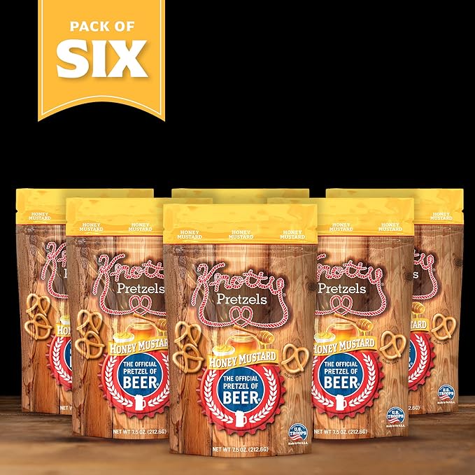 Knotty Pretzels - "The Official Pretzel of Beer" 7.5 Ounce Individual Seasoned Pretzel in Resealable Snack Bags - Honey Mustard (6 Pack)