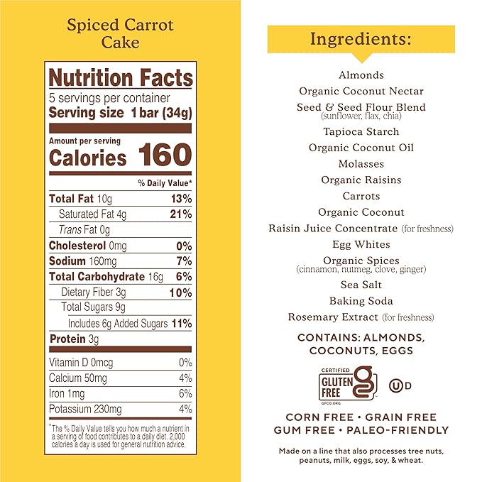 Simple Mills Almond Flour Snack Bars, Spiced Carrot Cake - Gluten Free, Made with Organic Coconut Oil, Breakfast Bars, Healthy Snacks, Paleo Friendly, 6 Ounce (Pack of 3)