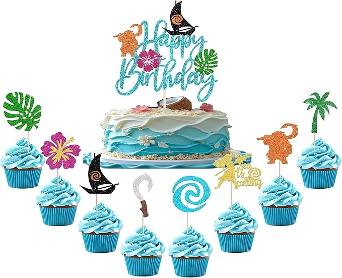 25 Pack Moana Cake Toppers Glitter Palm Leaf Moana Cake Picks The Sea is Calling Hawaiian Tropical Cupcake Decorations for Luau Summer Baby Shower Birthday Party Supplies Blue