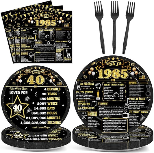 96Pcs 40th Birthday Plates and Napkins Back in 1985 Party Decorations Black Gold 40 Year Old Dessert Plates 1985 Birthday Cheers to 40 Years Theme Tableware Set for 24 Guests Men Women Party Supplies