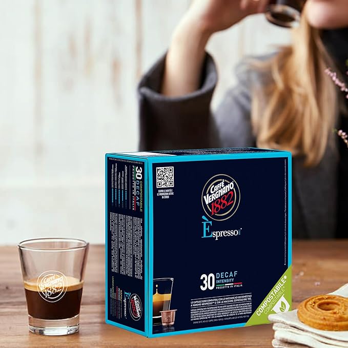 Caffe' Vergnano 1882 Decaf Medium Roast Espresso Original Line Machine Compatible Capsules, Arabica Robusta Espresso Coffee, Italian Coffee for Nespresso Machines, Intensity 5/10, Decaffeinato, 30 Ct